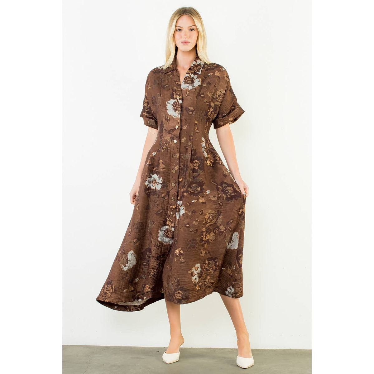 THML "Grace" Button Up Long Floral Dress-Brown