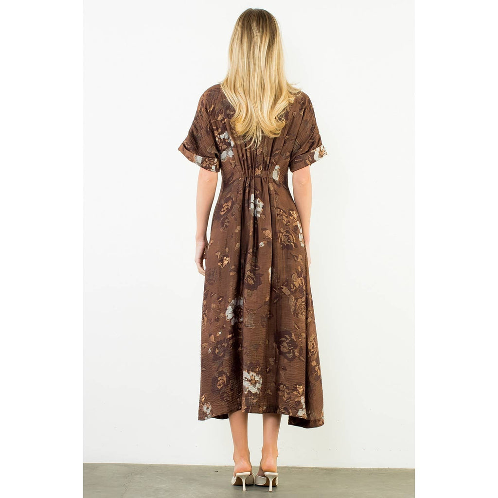 THML "Grace" Button Up Long Floral Dress-Brown