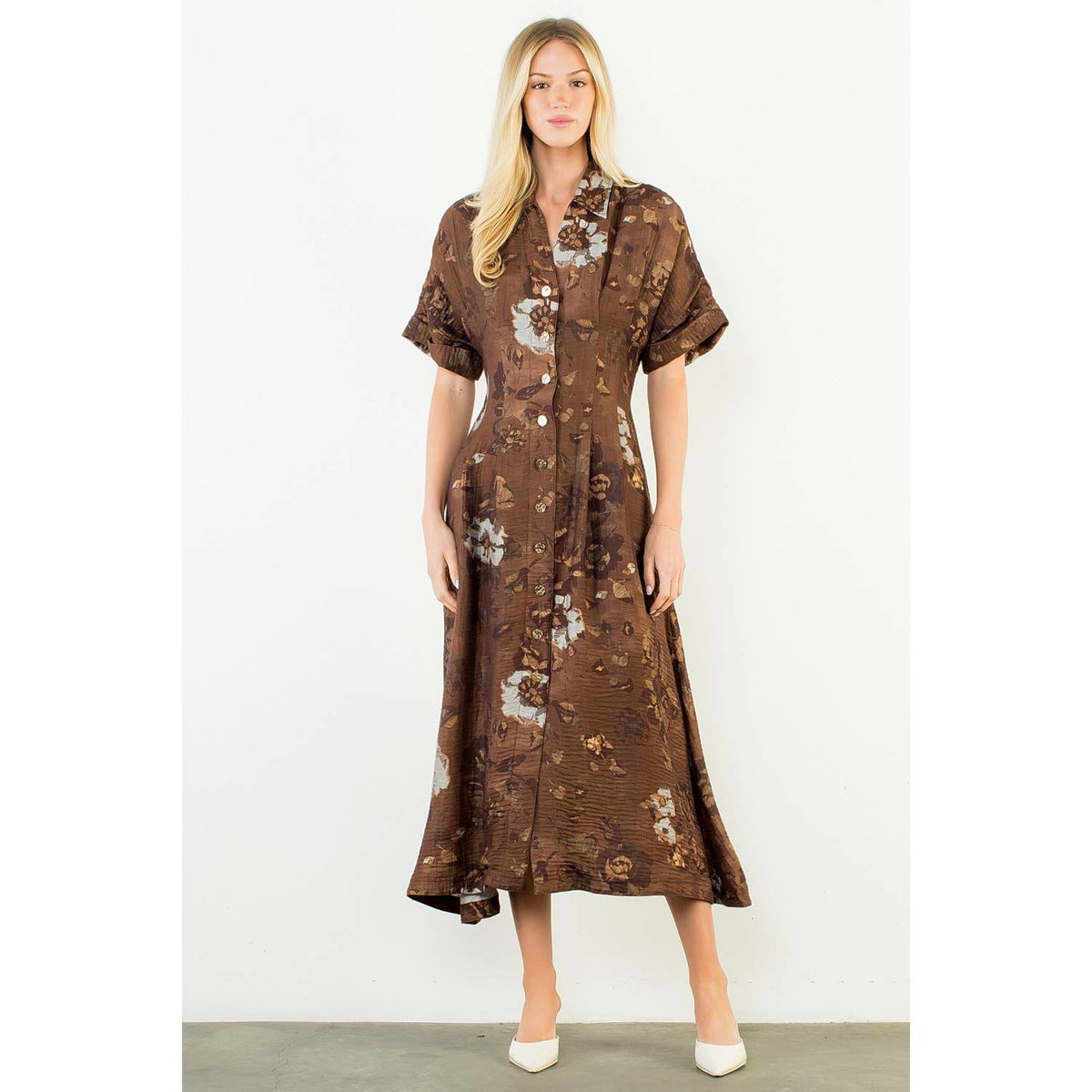 THML "Grace" Button Up Long Floral Dress-Brown