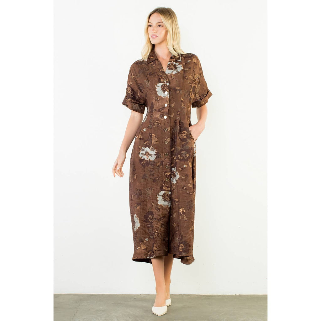 THML "Grace" Button Up Long Floral Dress-Brown