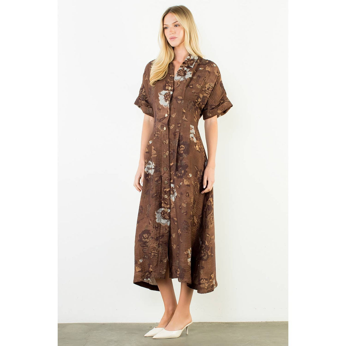 THML "Grace" Button Up Long Floral Dress-Brown