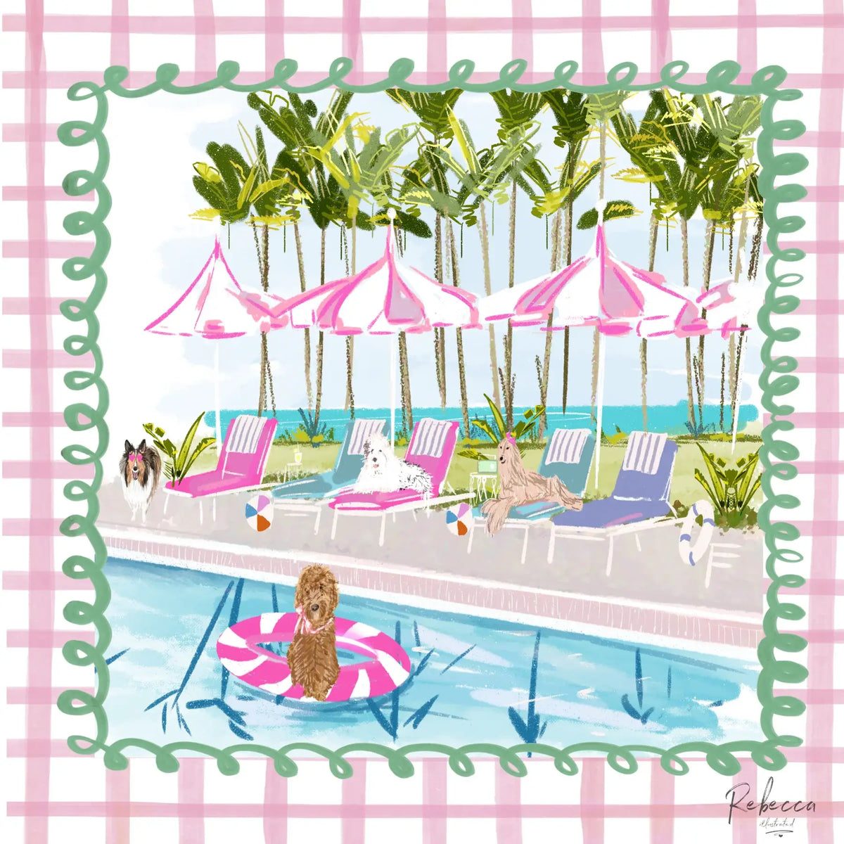 Rebecca Illustrated Pool Pawty Mahjong Mat with pink and green poolside design