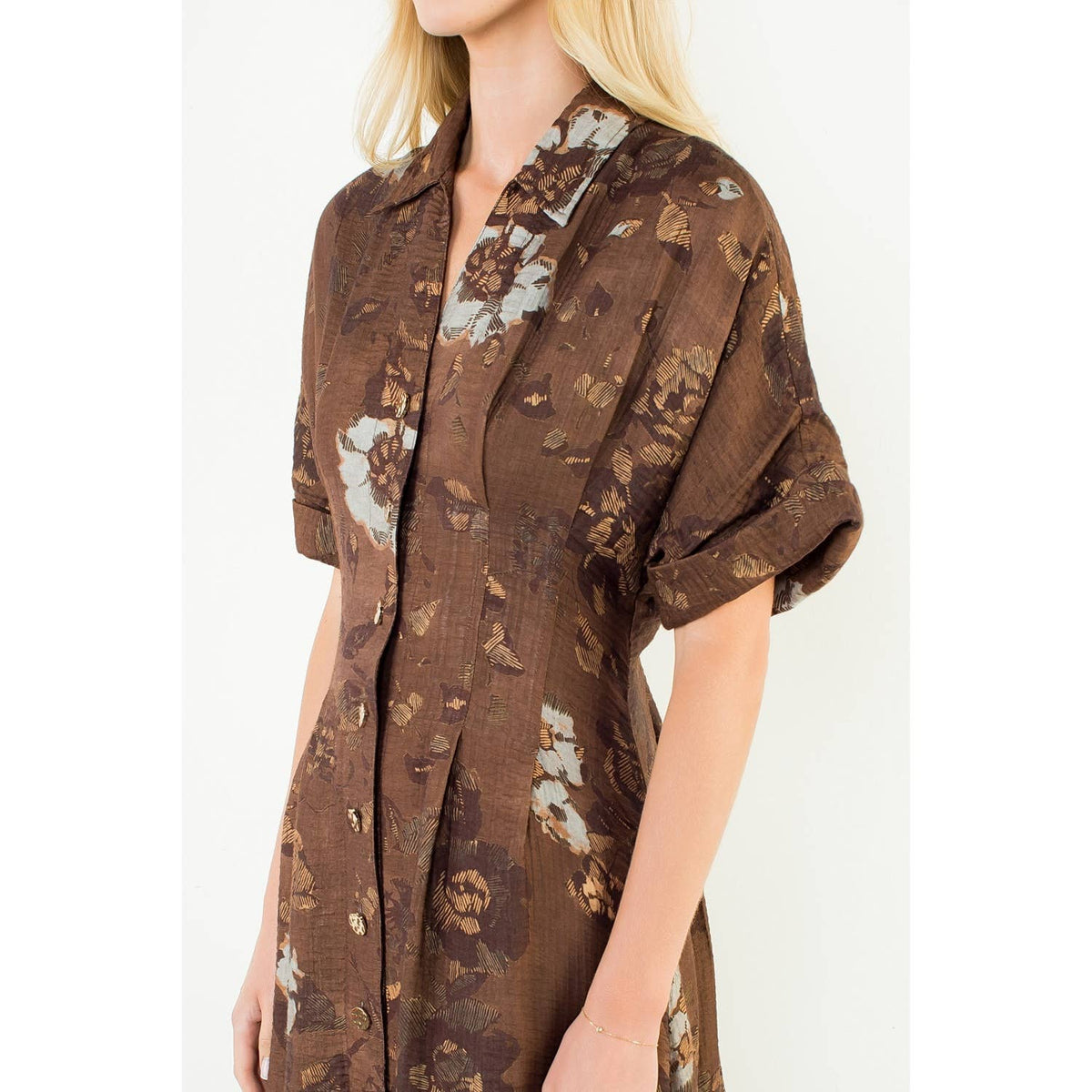 THML "Grace" Button Up Long Floral Dress-Brown