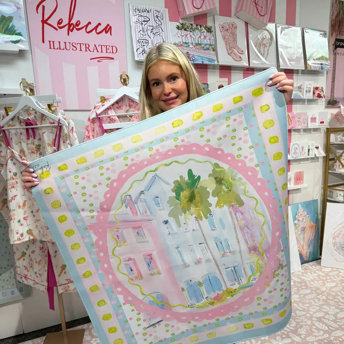Rainbow Row Mahjong Mat by Rebecca Illustrated with pastel Southern homes