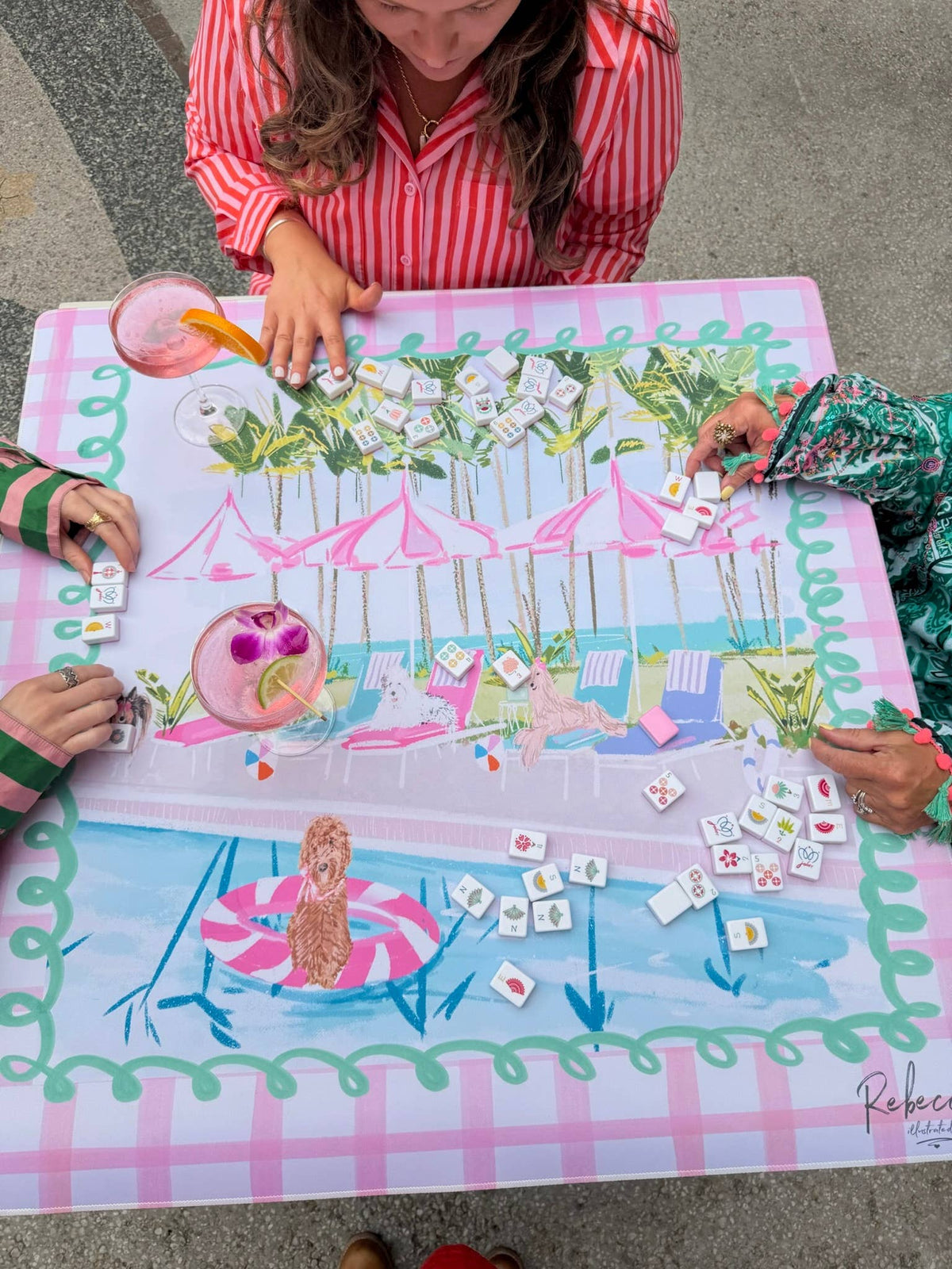 Pool Pawty Mahjong Mat by Rebecca Illustrated on a mahjong table