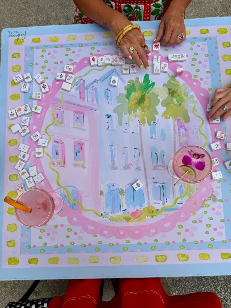 Rainbow Row Mahjong Mat by Rebecca Illustrated with pastel Southern homes