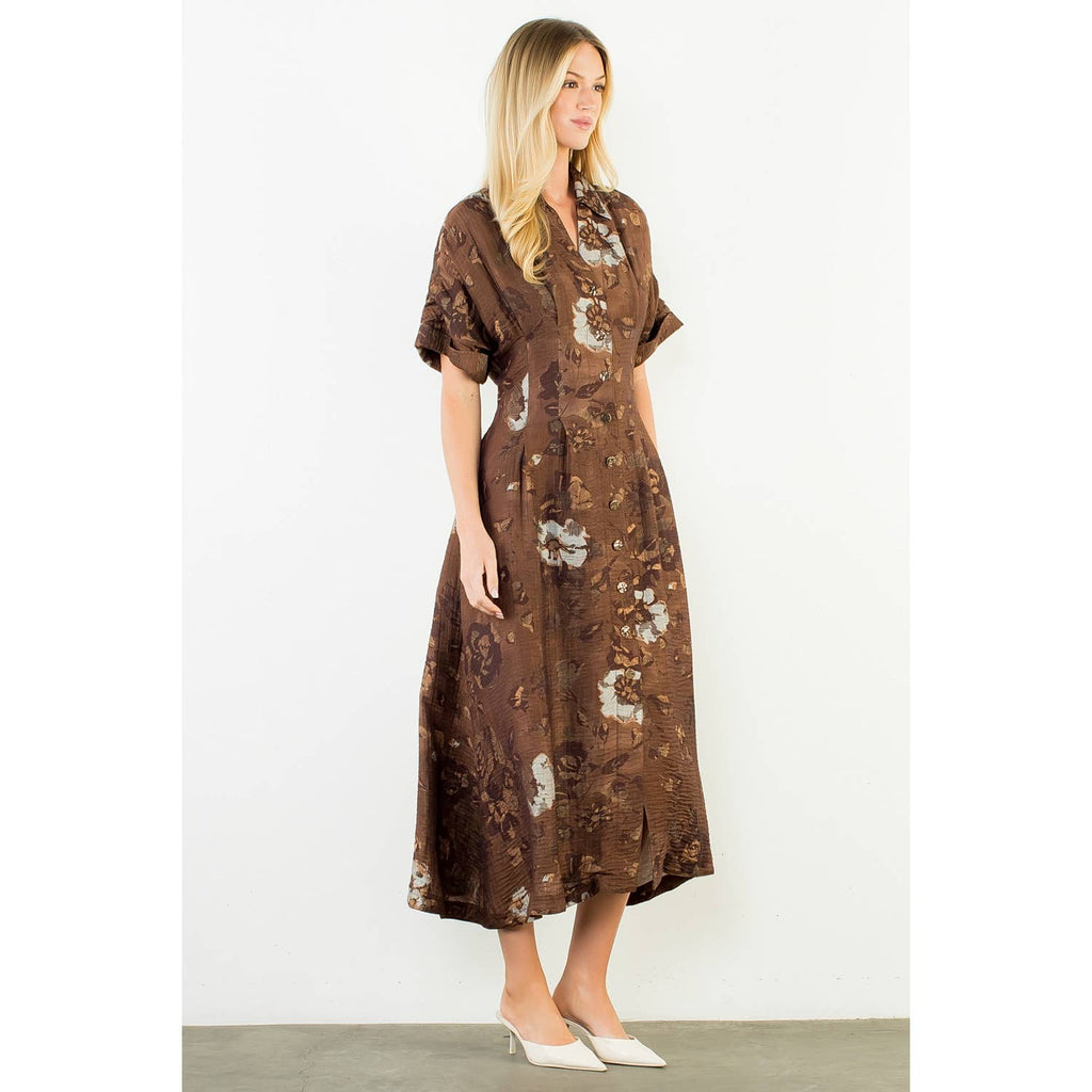 THML "Grace" Button Up Long Floral Dress-Brown