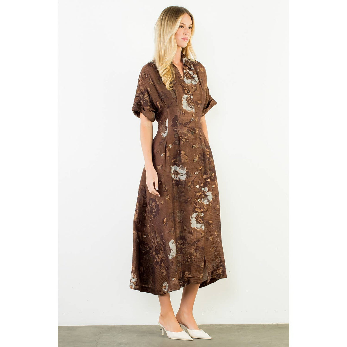THML "Grace" Button Up Long Floral Dress-Brown